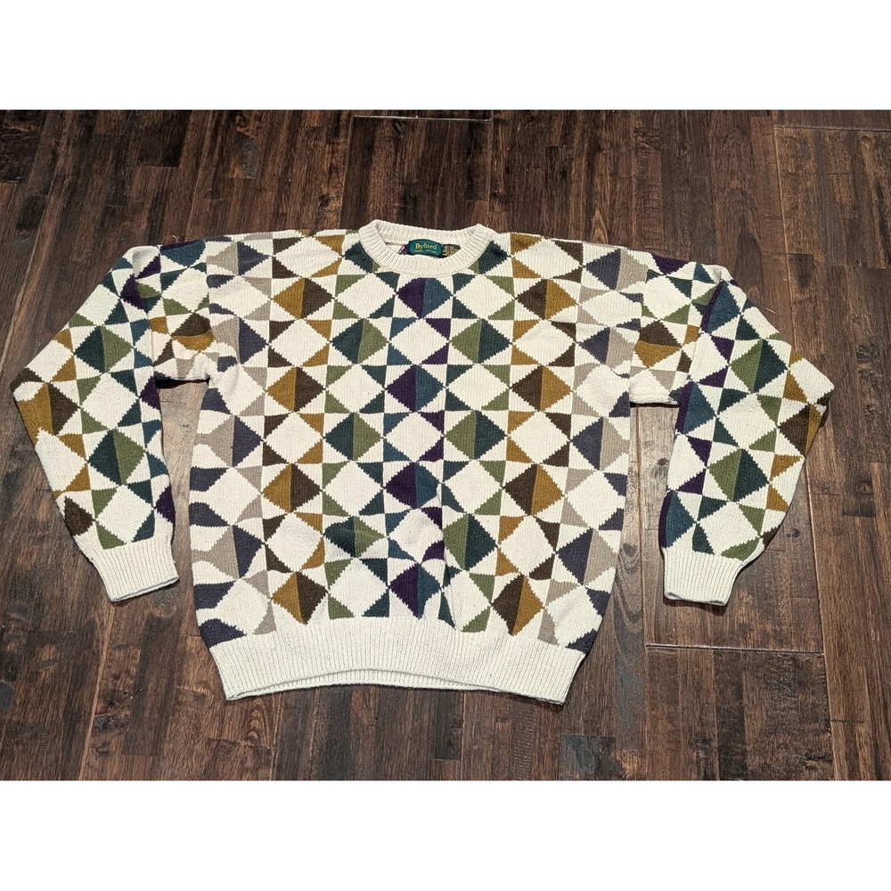 Vintage Byford‎ Sweater Mens L/XL Cream Silk Cotton Knit Cosby Geometric 90s